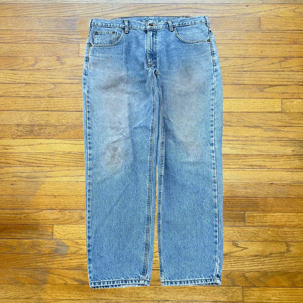 Carhartt Relaxed Fit Light Wash Blue Denim Jeans Mens 38x29 Distressed Workwear